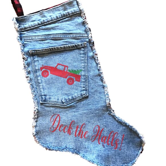Handmade Christmas Stocking w/Pocket, Country Farmhouse Rustic Pickup Truck - Picture 1 of 9